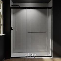 60W x 70H Shower Door Double Sliding Glass Panel Black Aluminum Frame w Handle