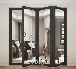 96 x 96 3 Panels Aluminum Folding Doors In Black Folded Out From Left To Right