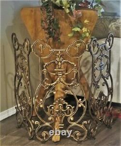 Antique 3 Panel Elaborate French Empire Black Gold Fireplace Screen Wreaths Urns