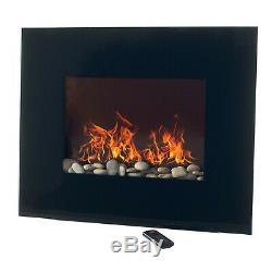 Black Glass Panel Electric Fireplace Wall Mount & Remote 26 x 20 Inch 1500W