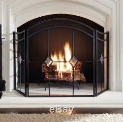 Fireplace Screen Mesh Three Panel Mesh Decorative Wide Arched Fire Screen Black