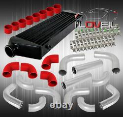 Jdm 28 X 7 Fmic Black Intercooler + 12Pcs Aluminum Piping Kit + Couplers Red