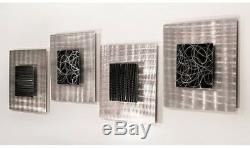 Set Of 4 Black Silver Metal Wall Art Sculpture 3-D Accent Square Panels Handmade