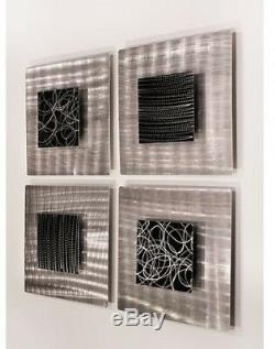 Set Of 4 Black Silver Metal Wall Art Sculpture 3-D Accent Square Panels Handmade